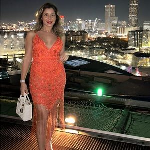 ASOS Orange Sequin Fringe Midi Slip Dress like New - Size 4
